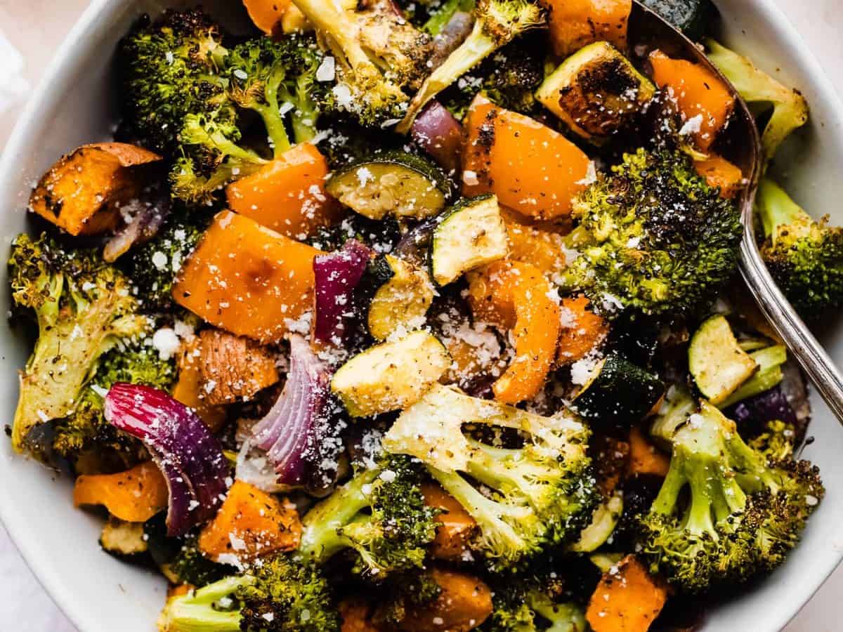 Roasted vegetables in a white bowl