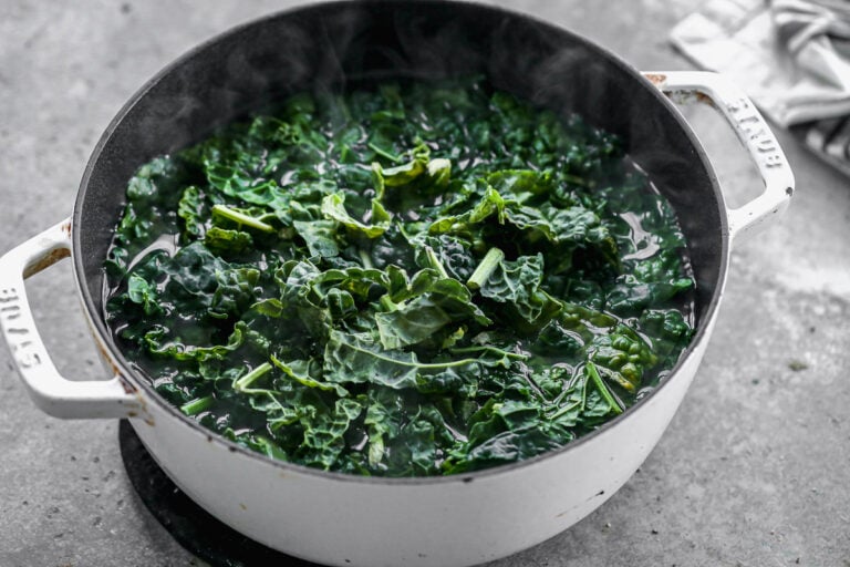 blanched kale in a pot