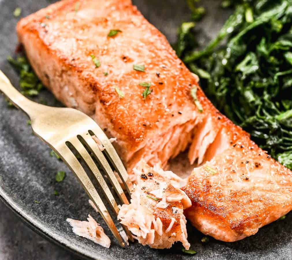 a plate of perfectly cooked baked salmon