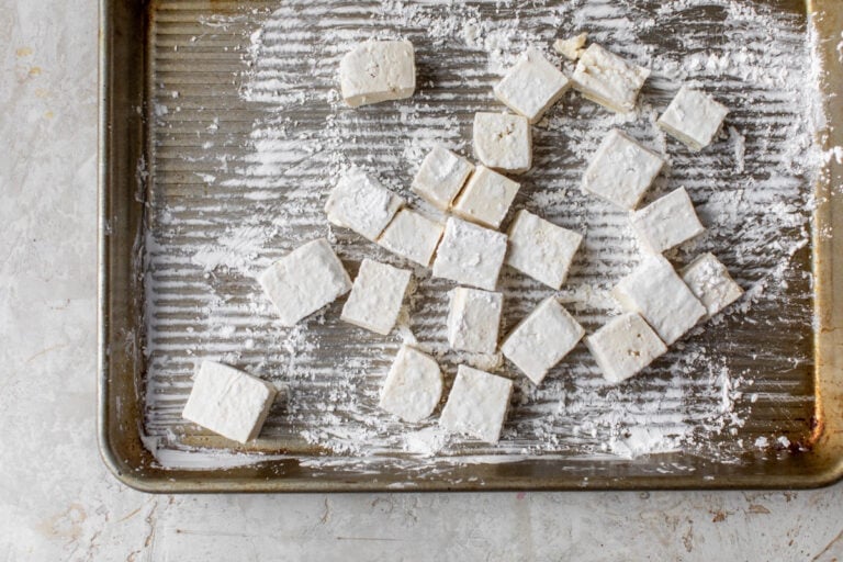 Tofu coated in a cornstarch mixture