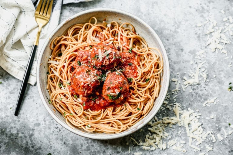 A bowl of spaghetti with crockpot meatballs