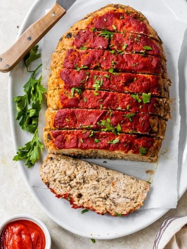 A moist turkey meatloaf on a plate