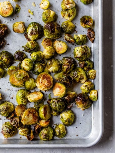 a sheet pan with crispy roasted brussel sprouts