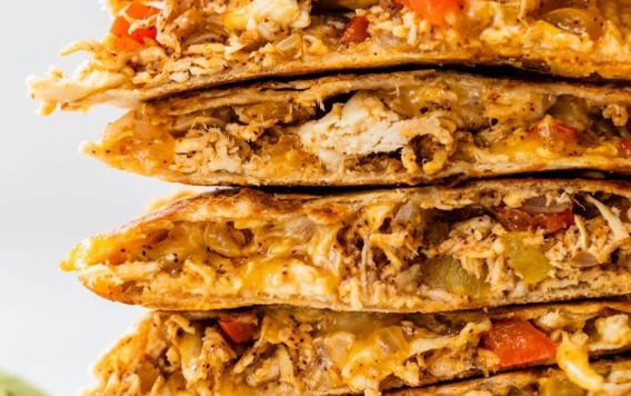 A stack of chicken quesadilla pieces