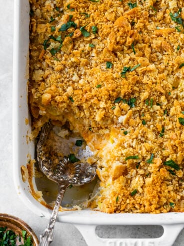 old fashioned squash casserole in a dish