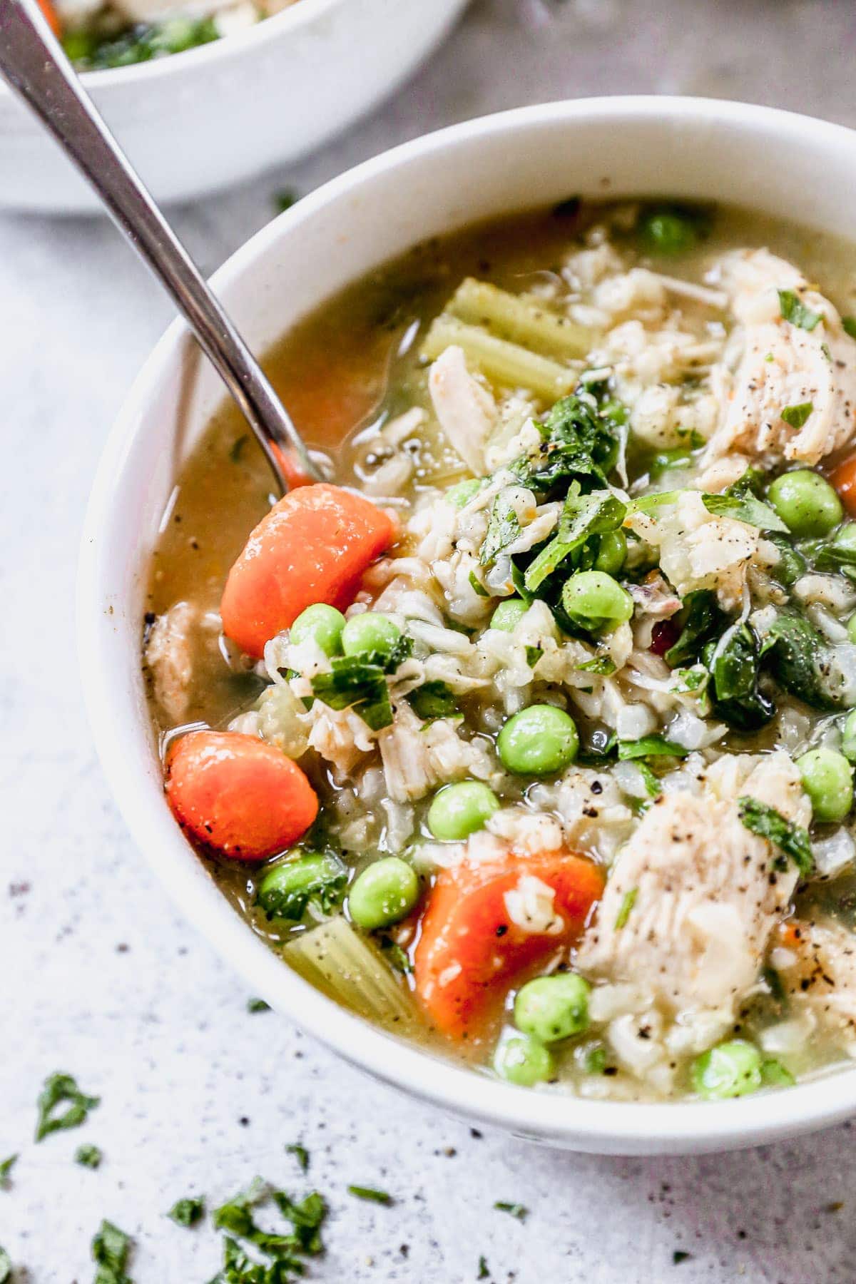 Overhead view of turkey soup in bowl