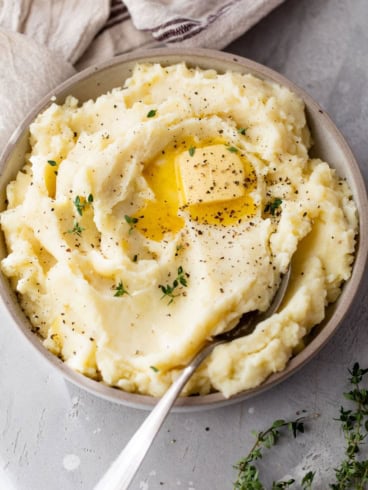 Overhead view of garlic mashed potatoes in bowl