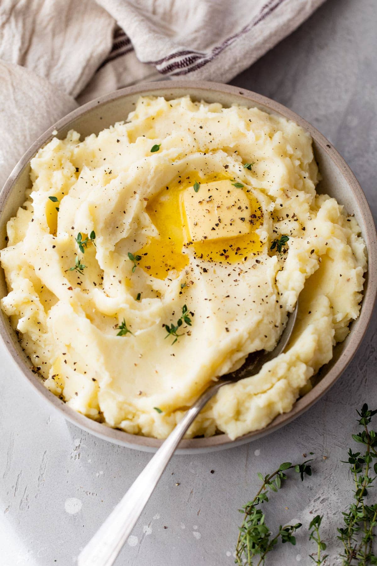 Overhead view of garlic mashed potatoes in bowl