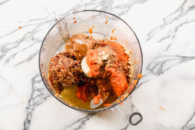 vegan pumpkin pie ingredients in a food processor