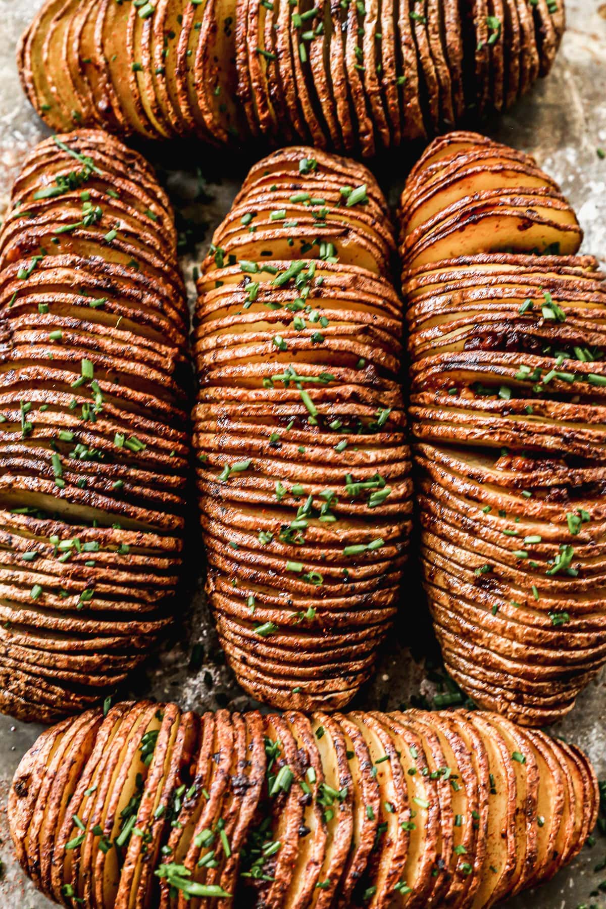 Overhead view of hasselback potatoes
