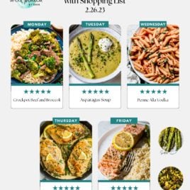 A free weekly meal plan chart with photos of five budget-friendly dishes for families: Crockpot Beef and Broccoli (Monday), Asparagus Soup (Tuesday), Penne Alla Vodka (Wednesday), Lemon Butter Chicken (Thursday), and Instant Pot Salmon (Friday).