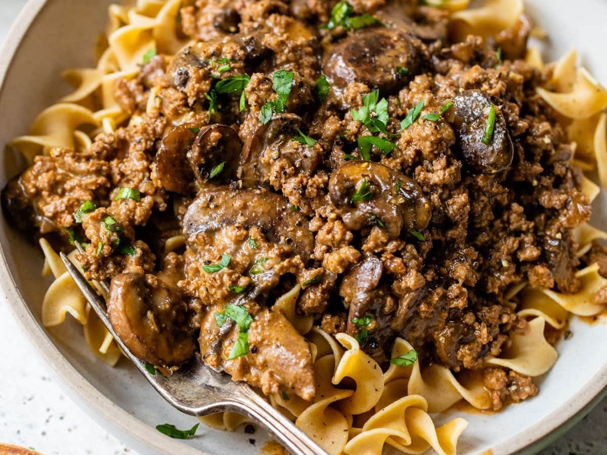 the best ground beef stroganoff recipe in a bowl