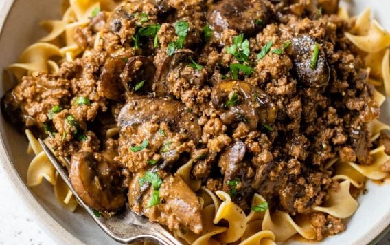 the best ground beef stroganoff recipe in a bowl