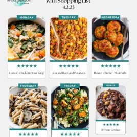 A weekly, budget-friendly meal plan for families featuring six dishes: lemon chicken orzo soup, ground beef and potatoes, baked chicken meatballs, mushroom pasta, tofu stir fry, and brownie cookies—each shown in a color photo.