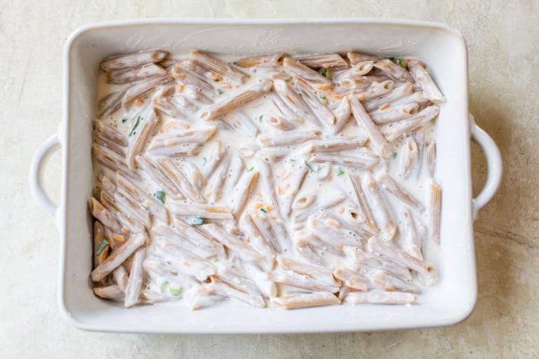 pasta for ground beef casserole in a baking dish