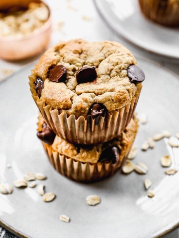 healthy banana oat muffins in a stack