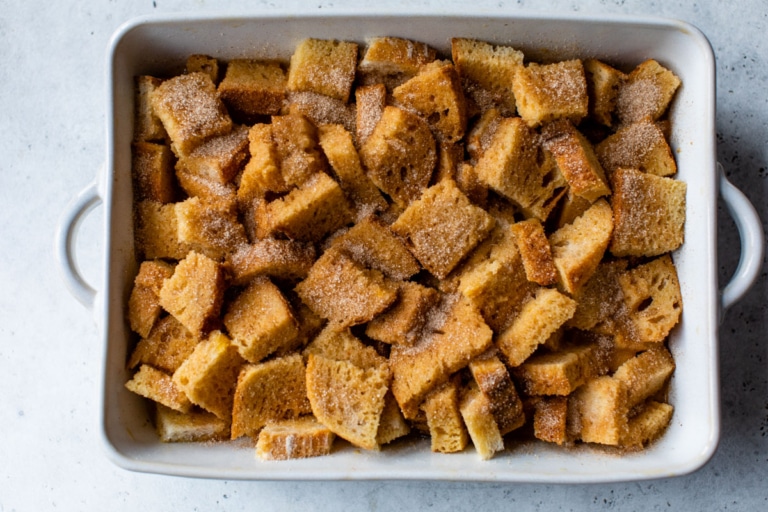 baking dish of baked french toast with cinnamon