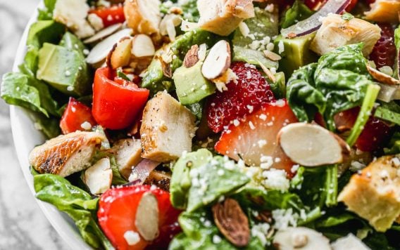 healthy grilled chicken salad recipe in a large bowl