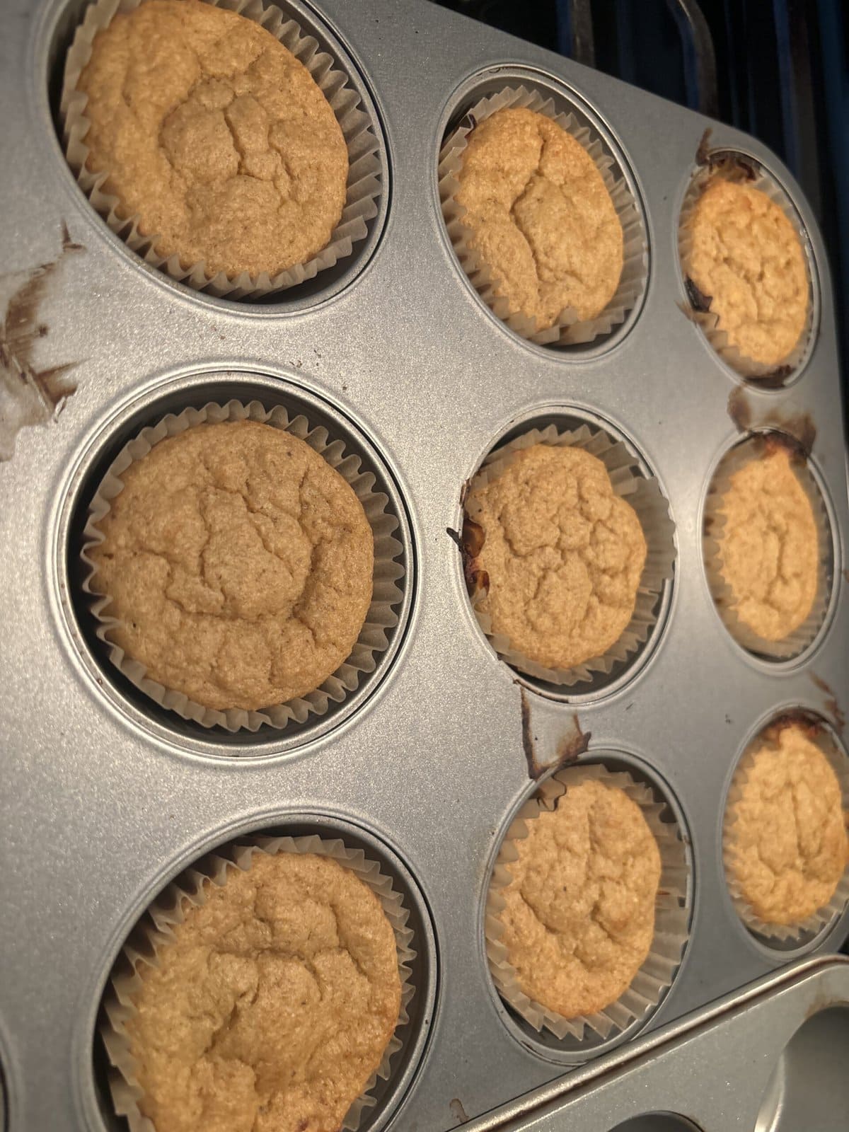 A muffin tin filled with nine baked, golden-brown muffins in paper liners.