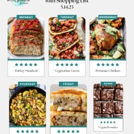 A free weekly meal plan featuring easy healthy meals like turkey meatloaf, vegetarian tacos, Peruvian chicken, zucchini stir fry, meatloaf sandwich, and vegan brownies. Each dish has photos, day labels, and a five-star rating.