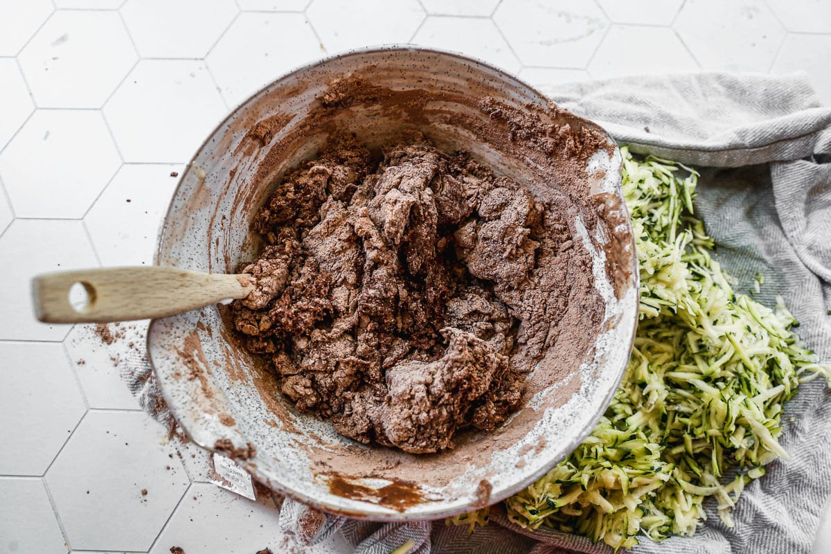 chocolate zucchini bread batter in a large mixing bowl