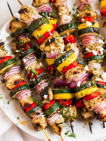 chicken kabob skewers on a plate