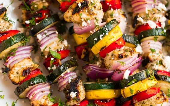 chicken kabob skewers on a plate
