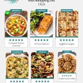 A free weekly meal plan features six easy healthy meals—Crockpot Mexican casserole, air fryer salmon, eggplant lasagna, broccoli quinoa casserole, beef lo mein, and healthy banana muffins—each labeled by weekday and perfect for a budget-friendly routine.
