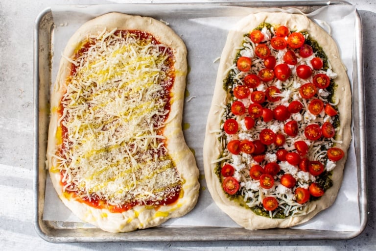 making flatbread pizza at home in the oven