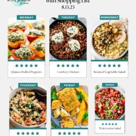 A free weekly meal plan featuring easy healthy meals like quinoa stuffed peppers, cowboy chicken, roasted vegetable salad, ricotta pasta, fish and chips, and watermelon salad—each budget-friendly dish labeled by day of the week.