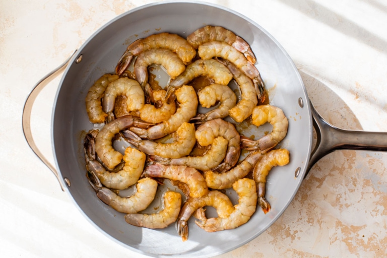cooking shrimp on the stove for kung pao shrimp recipe
