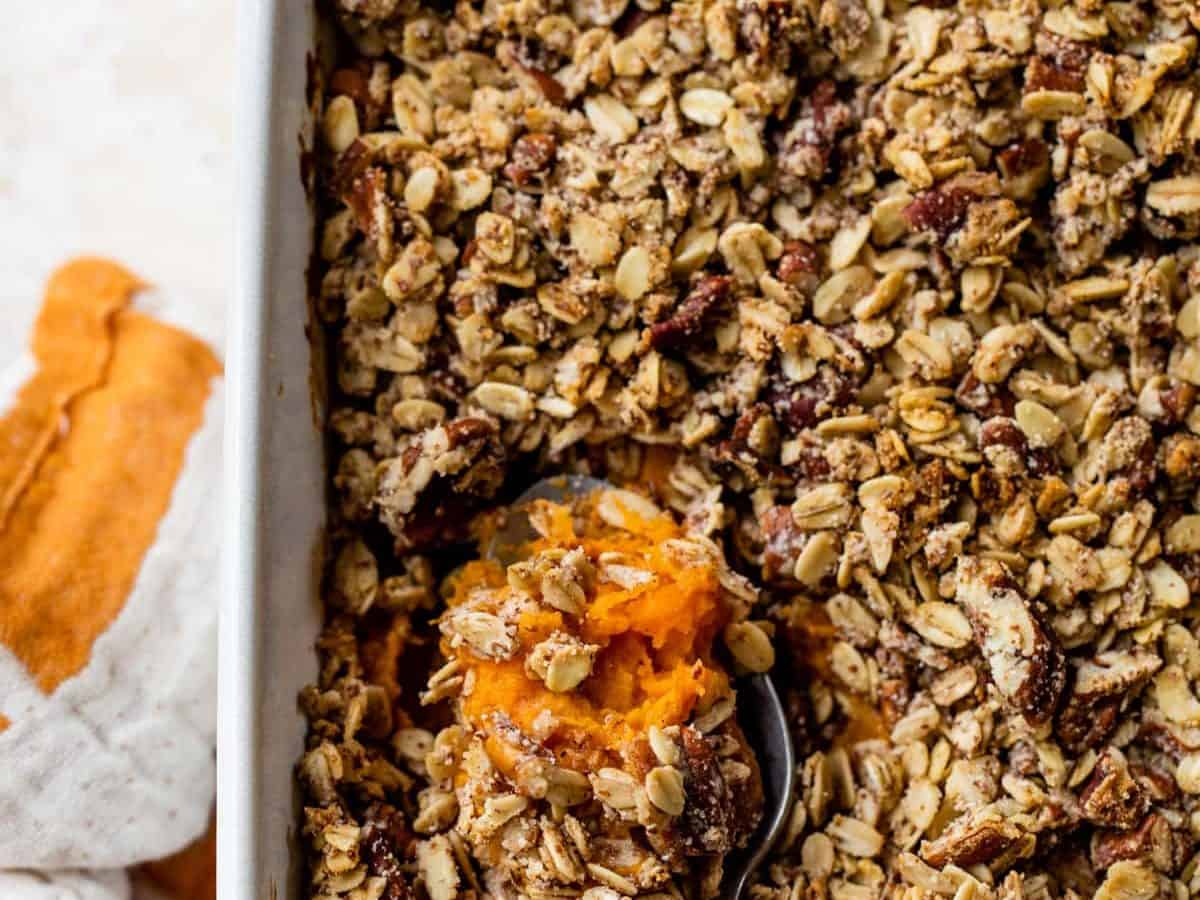 a pan of the best sweet potato casserole