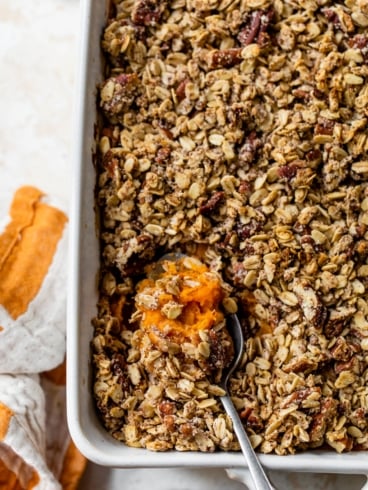 a pan of the best sweet potato casserole