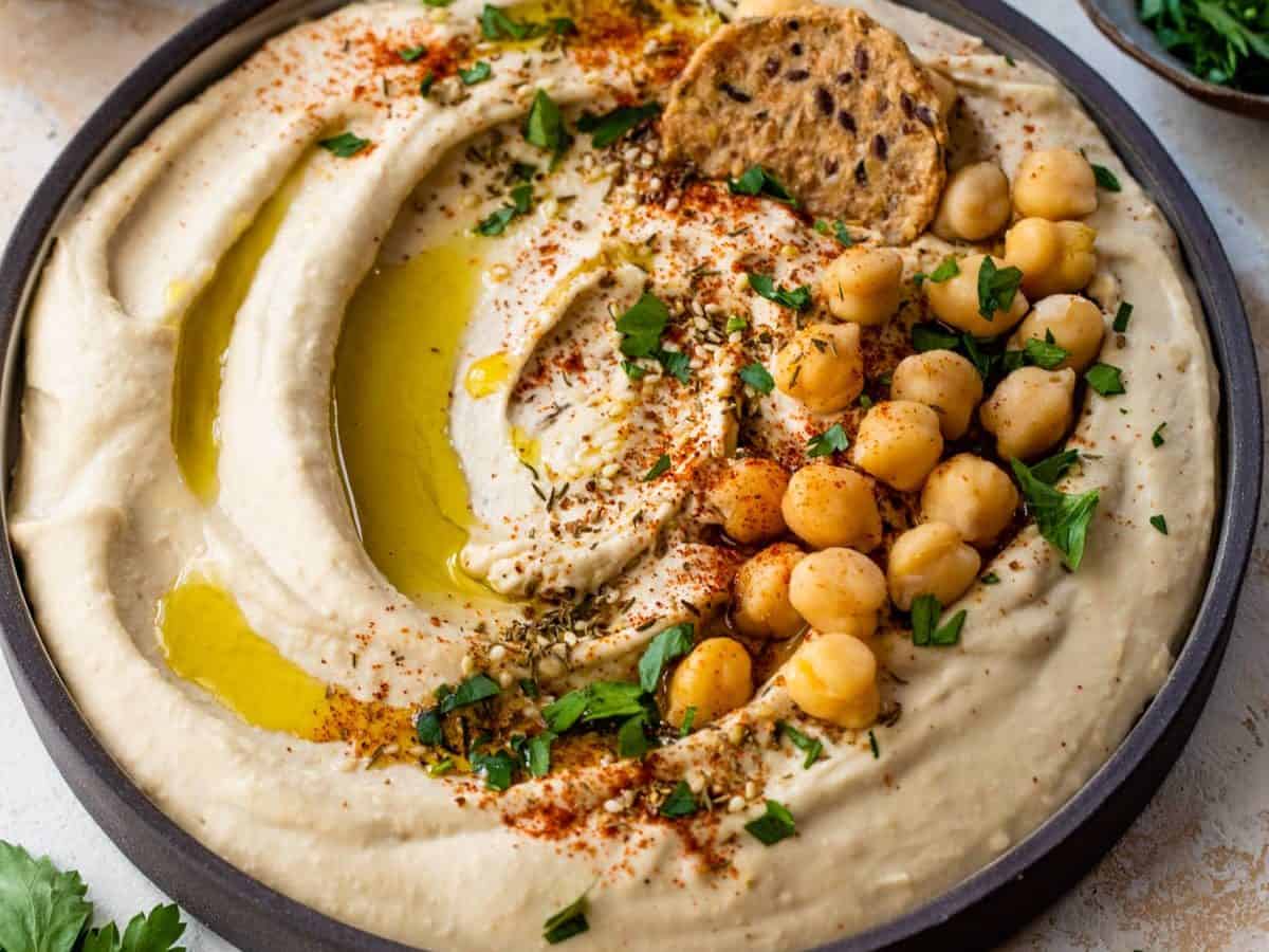 a bowl of easy homemade hummus recipe