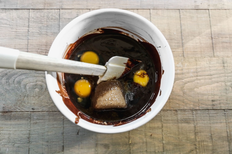 chocolate pecan pie pie filling in a large mixing bowl for decadent recipe