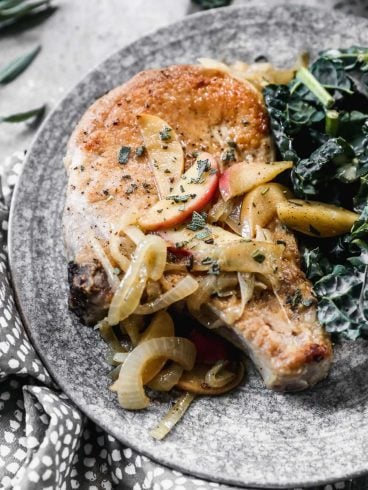a plate of easy pork chops with apples