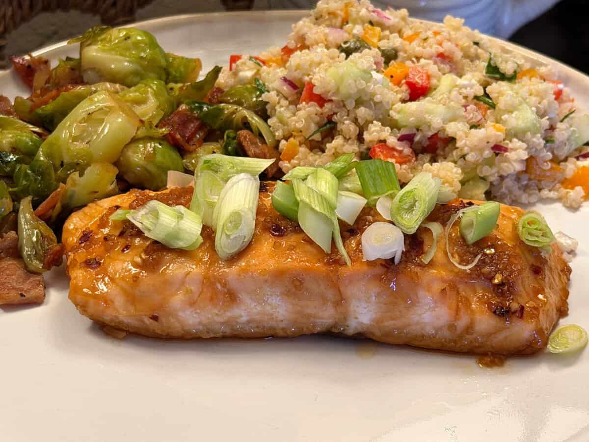 Grilled salmon topped with chopped green onions, served with Brussels sprouts and a quinoa vegetable salad.
