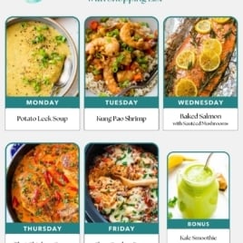 Enjoy a free, budget-friendly weekly meal plan with images: Monday—Potato Leek Soup; Tuesday—Kung Pao Shrimp; Wednesday—Baked Salmon with Sautéed Mushrooms; Thursday—Thai Chicken Curry; Friday—Slow Cooker Pasta; Bonus—Kale Smoothie.
