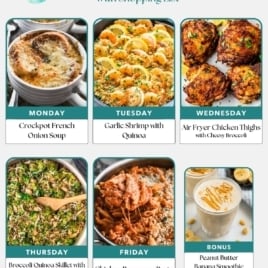 A weekly meal plan for families featuring images of six easy healthy meals: French onion soup, garlic shrimp with quinoa, air fryer chicken thighs with broccoli, broccoli quinoa skillet, chicken parmesan pasta, and a peanut butter banana smoothie.