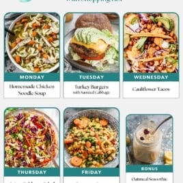 A weekly meal plan featuring easy healthy meals like homemade chicken noodle soup, turkey burgers with sautéed cabbage, cauliflower tacos, Asian cabbage salad with teriyaki salmon, coconut curry, and an oatmeal smoothie—perfect for budget-friendly eating.