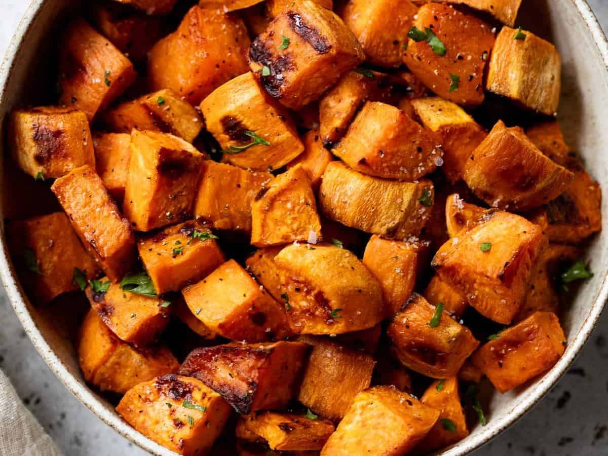 Oven roasted sweet potatoes in bowl