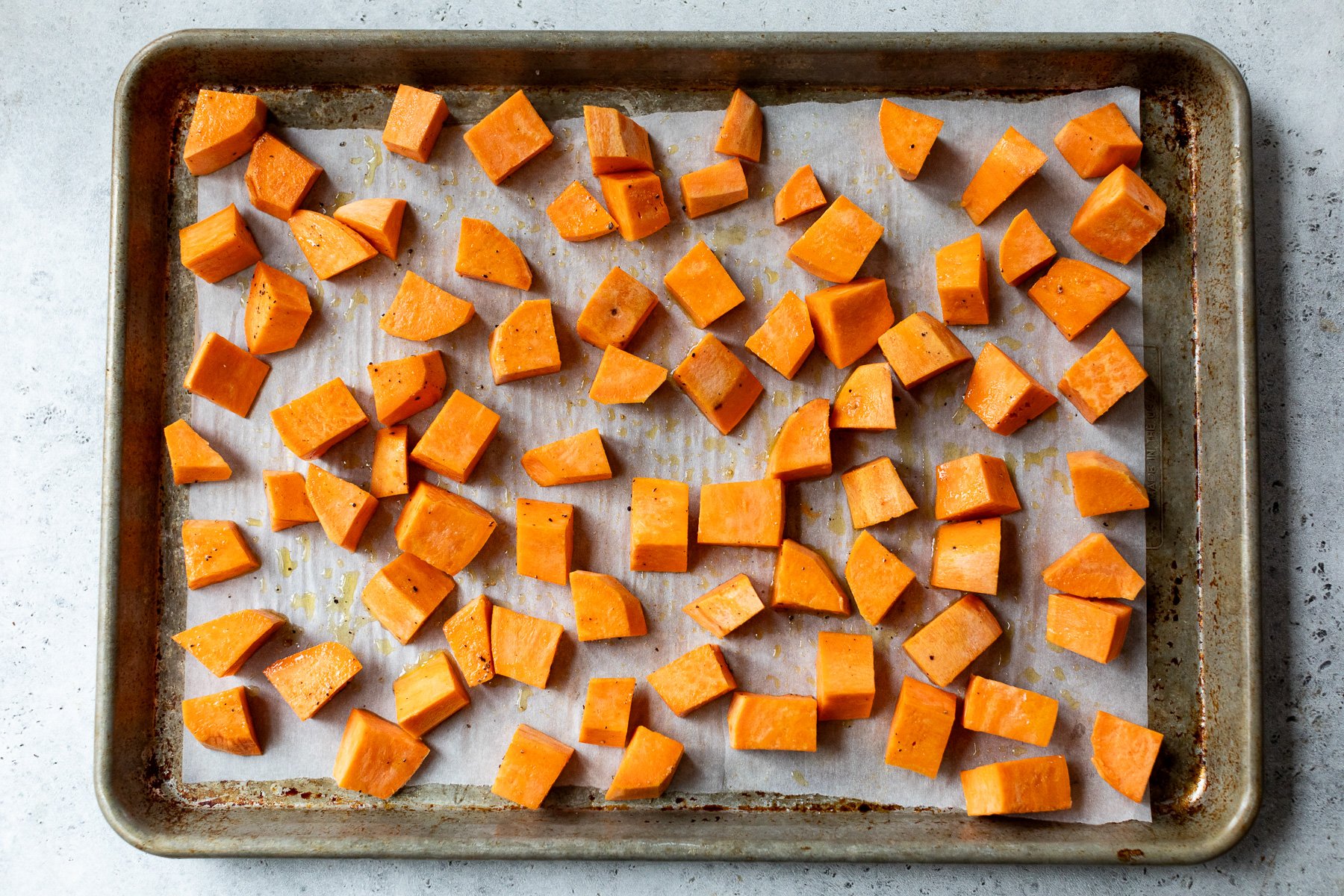 Sweet potatoes on sheet pan