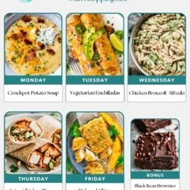 Free weekly meal plan for families with photos: Crockpot potato soup (Mon), vegetarian enchiladas (Tues), chicken broccoli Alfredo (Wed), Asian chicken wraps (Thurs), fish and chips (Fri), plus bonus black bean brownies.