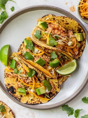 Three crockpot chicken tacos filled with shredded chicken, shredded cheese, avocado chunks, fresh cilantro, and lime wedges on a gray-rimmed plate. Some cilantro and food are scattered on the white surface nearby.