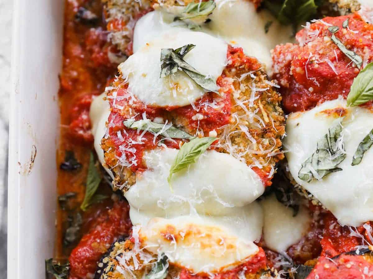 baked eggplant parmesan recipe in baking dish