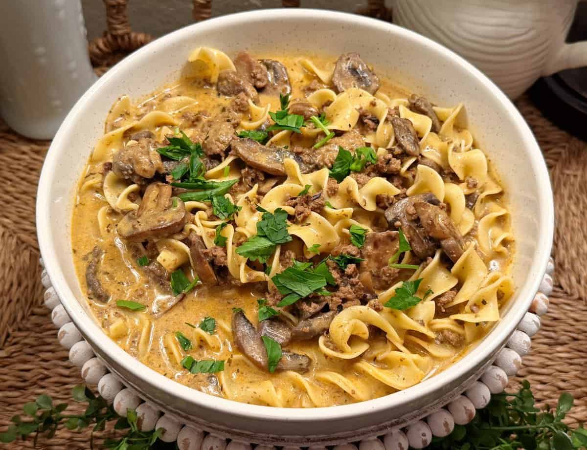 A bowl of beef stroganoff with egg noodles, mushrooms, and parsley garnish on top.