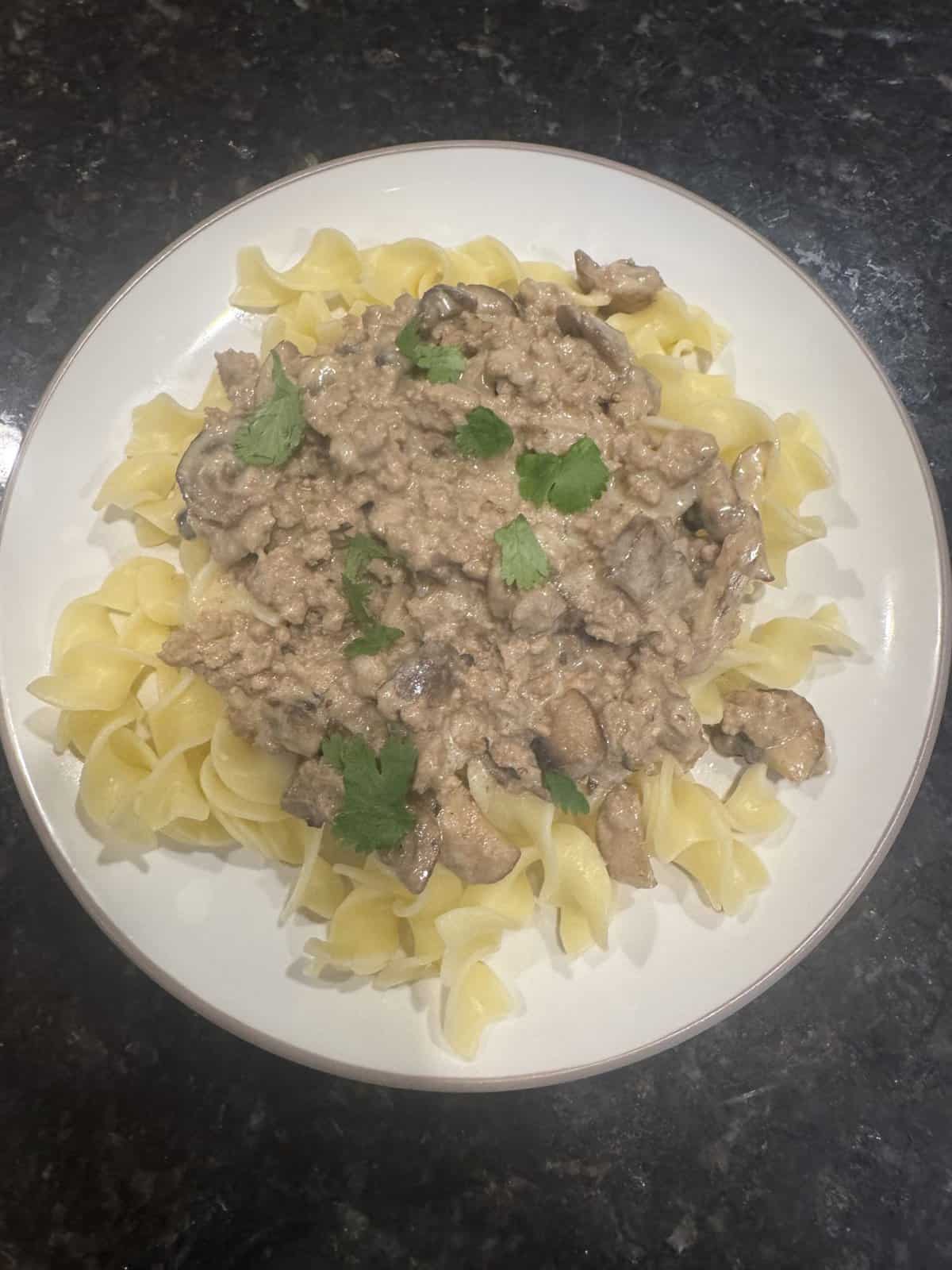 A plate of egg noodles topped with creamy beef and mushroom stroganoff, garnished with fresh parsley.
