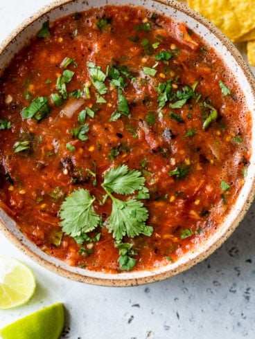 Overhead view of salsa roja in bowl