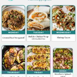 Budget-friendly weekly meal plan graphic for families featuring easy healthy meals: Ground Beef Stroganoff, Buffalo Chicken Wrap with Zucchini Fries, Shrimp Tacos, Lemon Chicken Piccata, Buffalo Pizza Boats; bonus—Strawberry Spinach Salad.