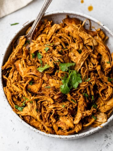 Overhead view of Mexican shredded chicken in bowl